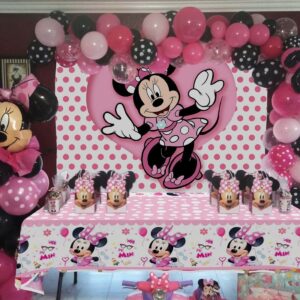 Pink Mouse Backdrop and Mouse Tablecloth for Girls Birthday Party Decorations Mouse Birthday Party Photography Background Banner with Table Covers for Girls Baby Shower Party Supplies (6x4ft)