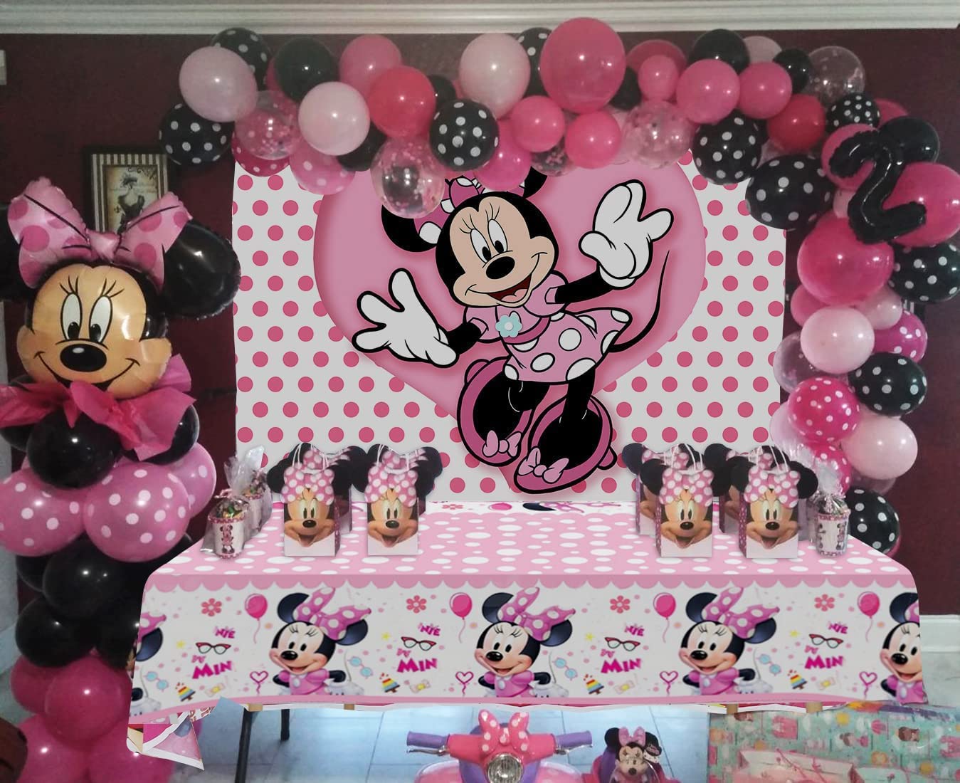 Pink Mouse Backdrop and Mouse Tablecloth for Girls Birthday Party Decorations Mouse Birthday Party Photography Background Banner with Table Covers for Girls Baby Shower Party Supplies (6x4ft)