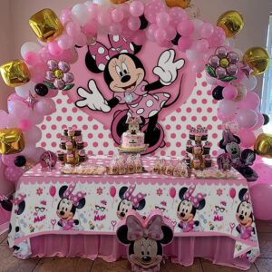 Pink Mouse Backdrop and Mouse Tablecloth for Girls Birthday Party Decorations Mouse Birthday Party Photography Background Banner with Table Covers for Girls Baby Shower Party Supplies (6x4ft)