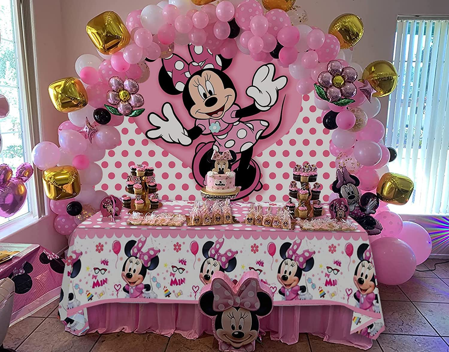 Pink Mouse Backdrop and Mouse Tablecloth for Girls Birthday Party Decorations Mouse Birthday Party Photography Background Banner with Table Covers for Girls Baby Shower Party Supplies (6x4ft)