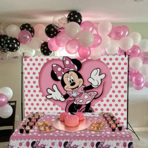 Pink Mouse Backdrop and Mouse Tablecloth for Girls Birthday Party Decorations Mouse Birthday Party Photography Background Banner with Table Covers for Girls Baby Shower Party Supplies (6x4ft)