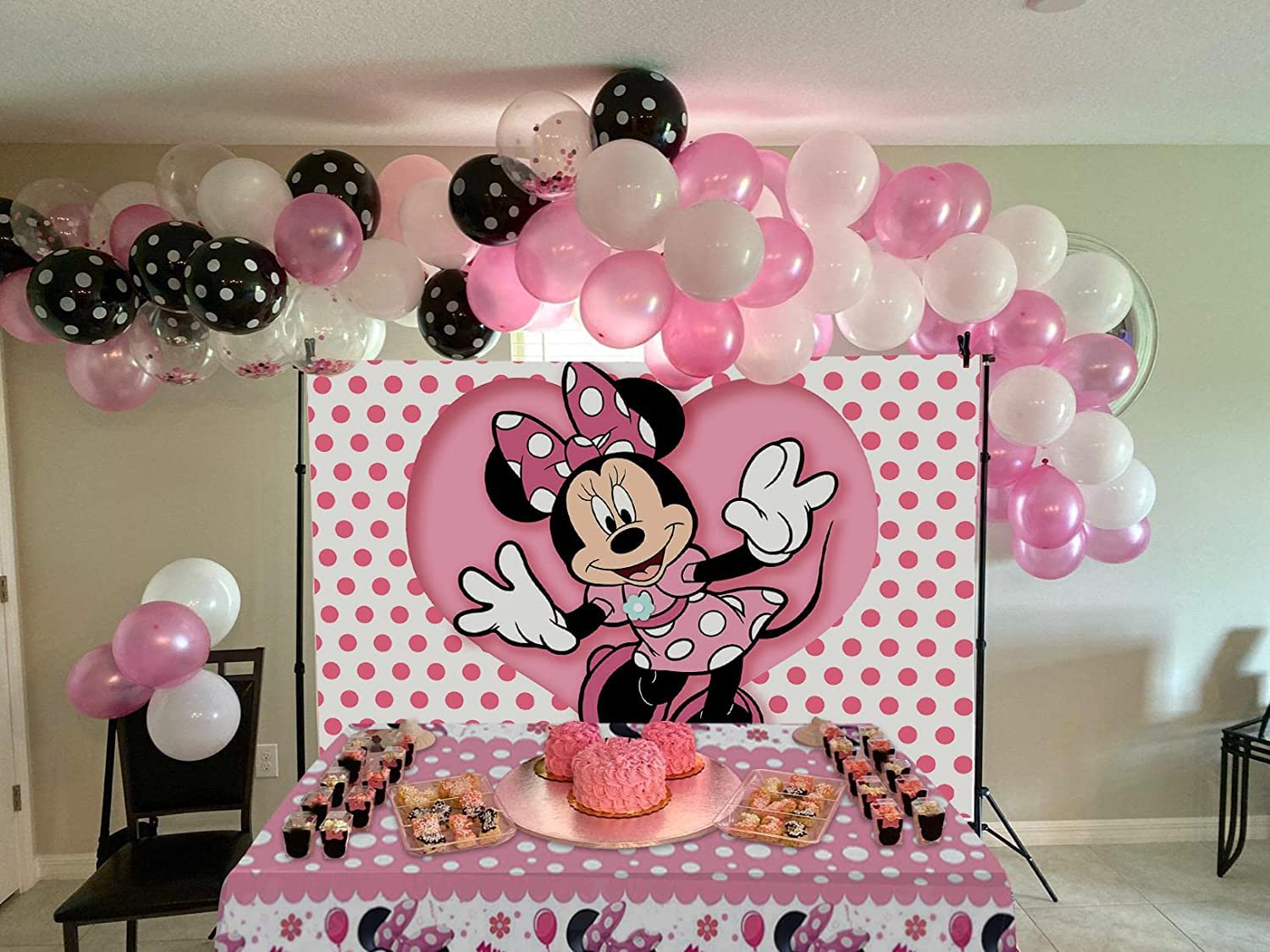 Pink Mouse Backdrop and Mouse Tablecloth for Girls Birthday Party Decorations Mouse Birthday Party Photography Background Banner with Table Covers for Girls Baby Shower Party Supplies (6x4ft)