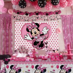 Pink Mouse Backdrop and Mouse Tablecloth for Girls Birthday Party Decorations Mouse Birthday Party Photography Background Banner with Table Covers for Girls Baby Shower Party Supplies (6x4ft)