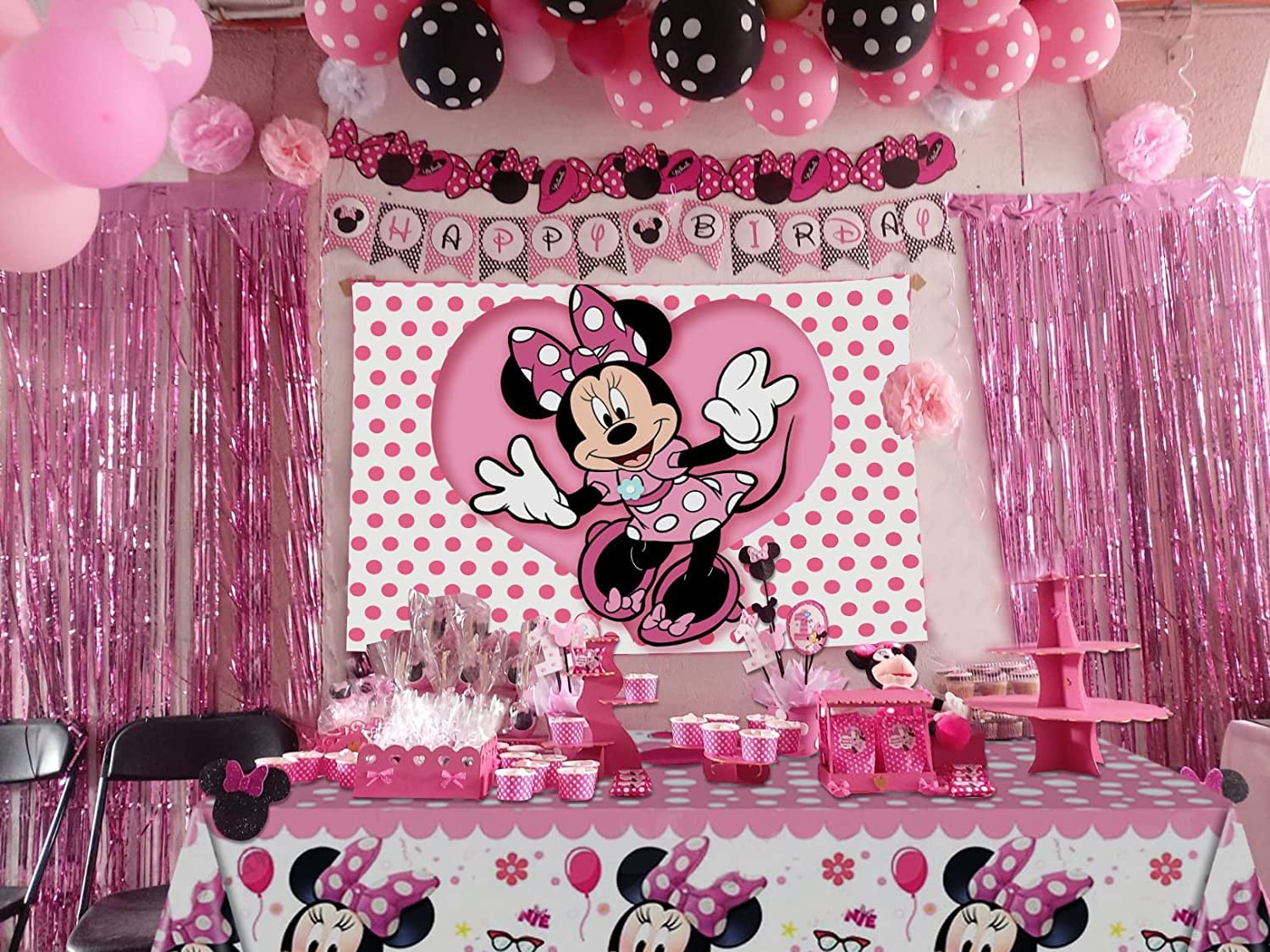 Pink Mouse Backdrop and Mouse Tablecloth for Girls Birthday Party Decorations Mouse Birthday Party Photography Background Banner with Table Covers for Girls Baby Shower Party Supplies (6x4ft)