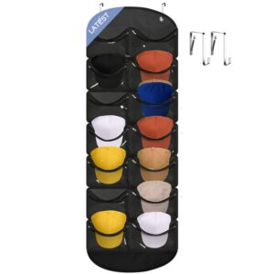 owkjar 14 pockets hat organizer for closet, hat racks for baseball caps, hat storage with clear deep pockets, 4 hooks, hat rack over the door/wall for baseball, golf, and sports caps
