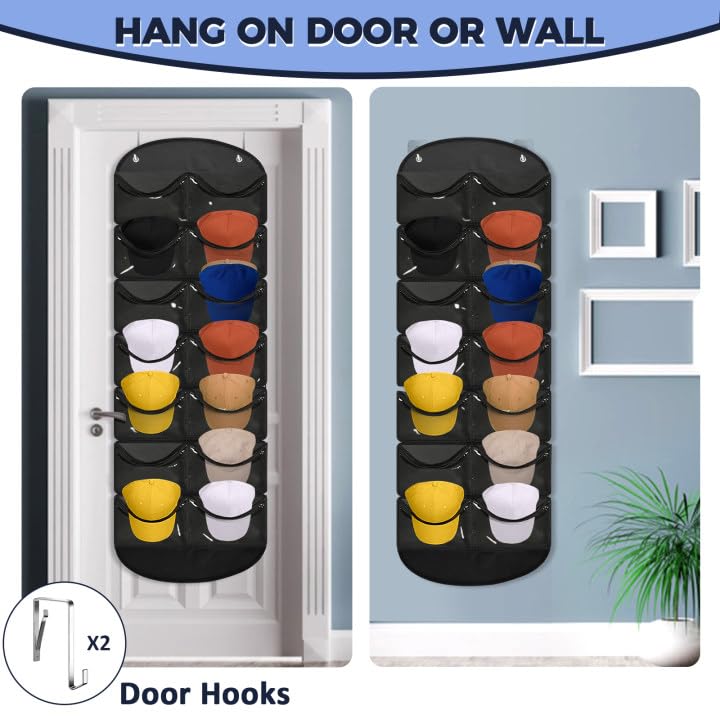 Owkjar 14 Pockets Hat Organizer for Closet, Hat Racks for Baseball Caps, Hat Storage with Clear Deep Pockets, 4 Hooks, Hat Rack Over The Door/Wall for Baseball, Golf, and Sports Caps