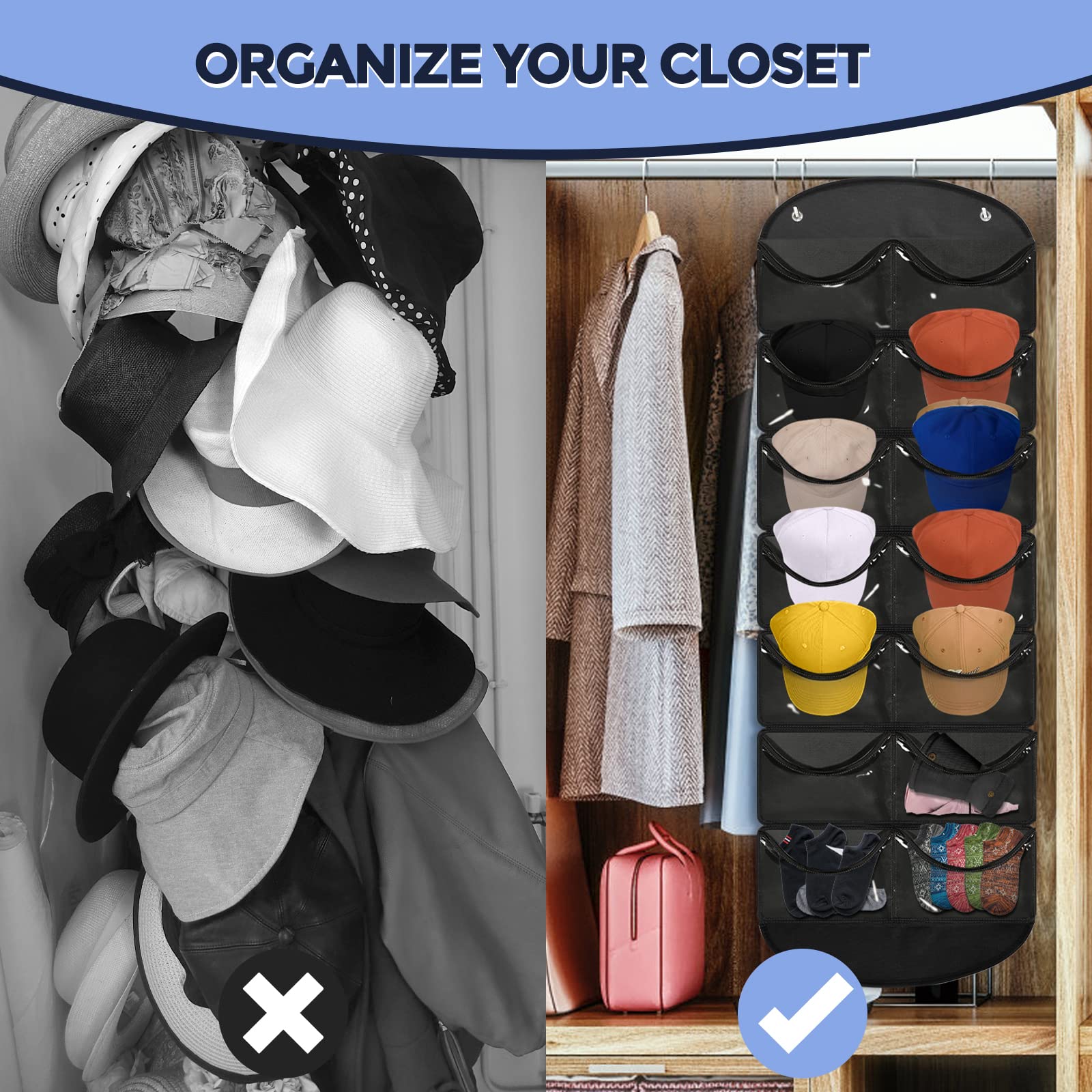 Owkjar 14 Pockets Hat Organizer for Closet, Hat Racks for Baseball Caps, Hat Storage with Clear Deep Pockets, 4 Hooks, Hat Rack Over The Door/Wall for Baseball, Golf, and Sports Caps