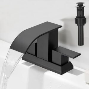 hoimpro 3 holes 4 inch bathroom faucet, waterfall matte black bathroom faucet two handles centerset bathroom sink faucet vanity sink faucet with cupc supply hoses and pop up drain