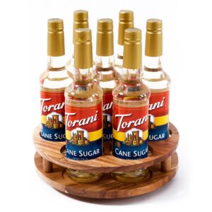 govokoi acacia wood rotating coffee syrup organizer, 7 bottles coffee syrup rack, coffee station organizer with large base and anti-slip pads
