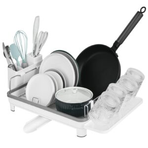 claosmlda dish drying rack, dish rack with removable utensil holder, multifunctional stainless steel dish racks for kitchen counter with drainboard and swivel spout for various kitchenware(white)