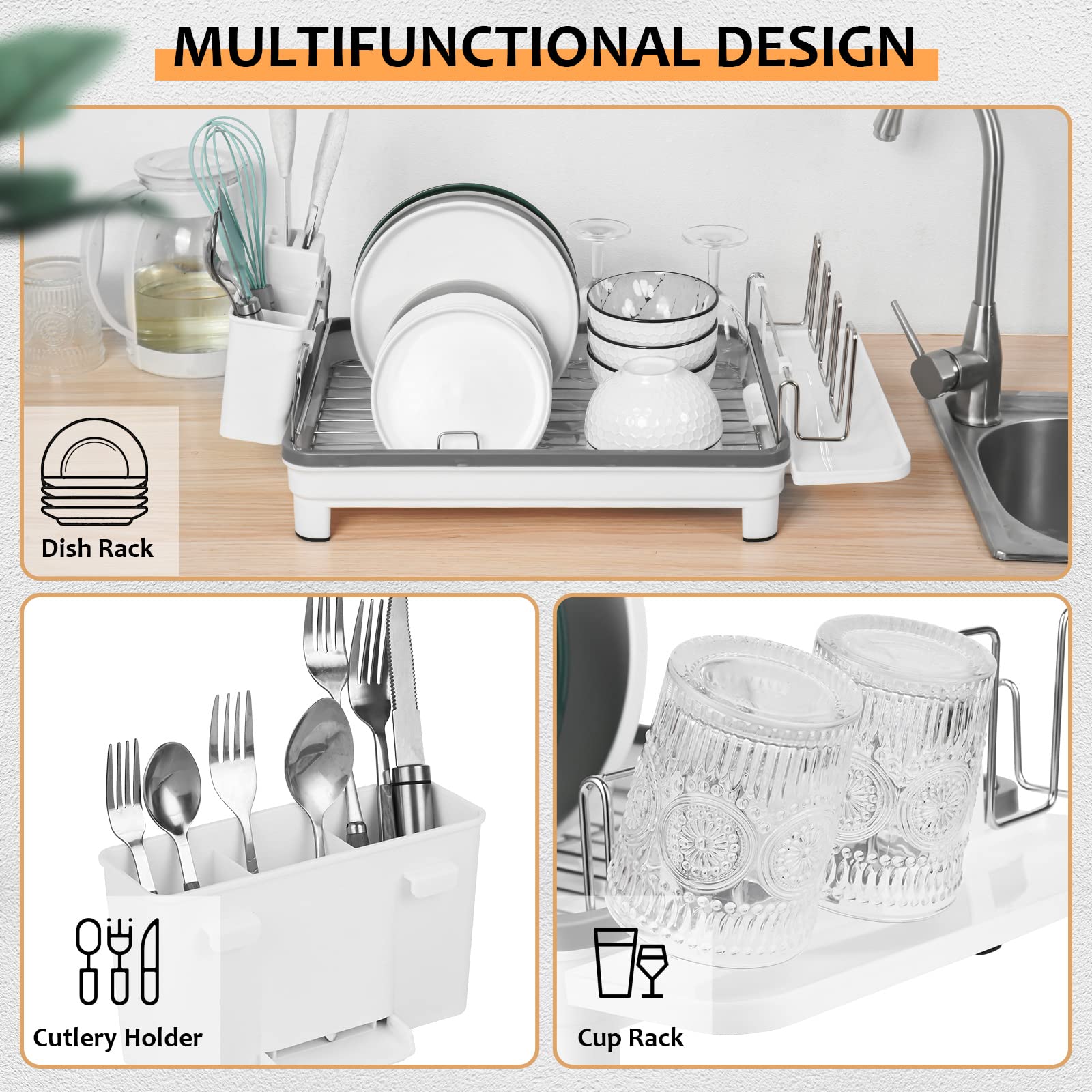 Claosmlda Dish Drying Rack, Dish Rack with Removable Utensil Holder, Multifunctional Stainless Steel Dish Racks for Kitchen Counter with Drainboard and Swivel Spout for Various Kitchenware(White)