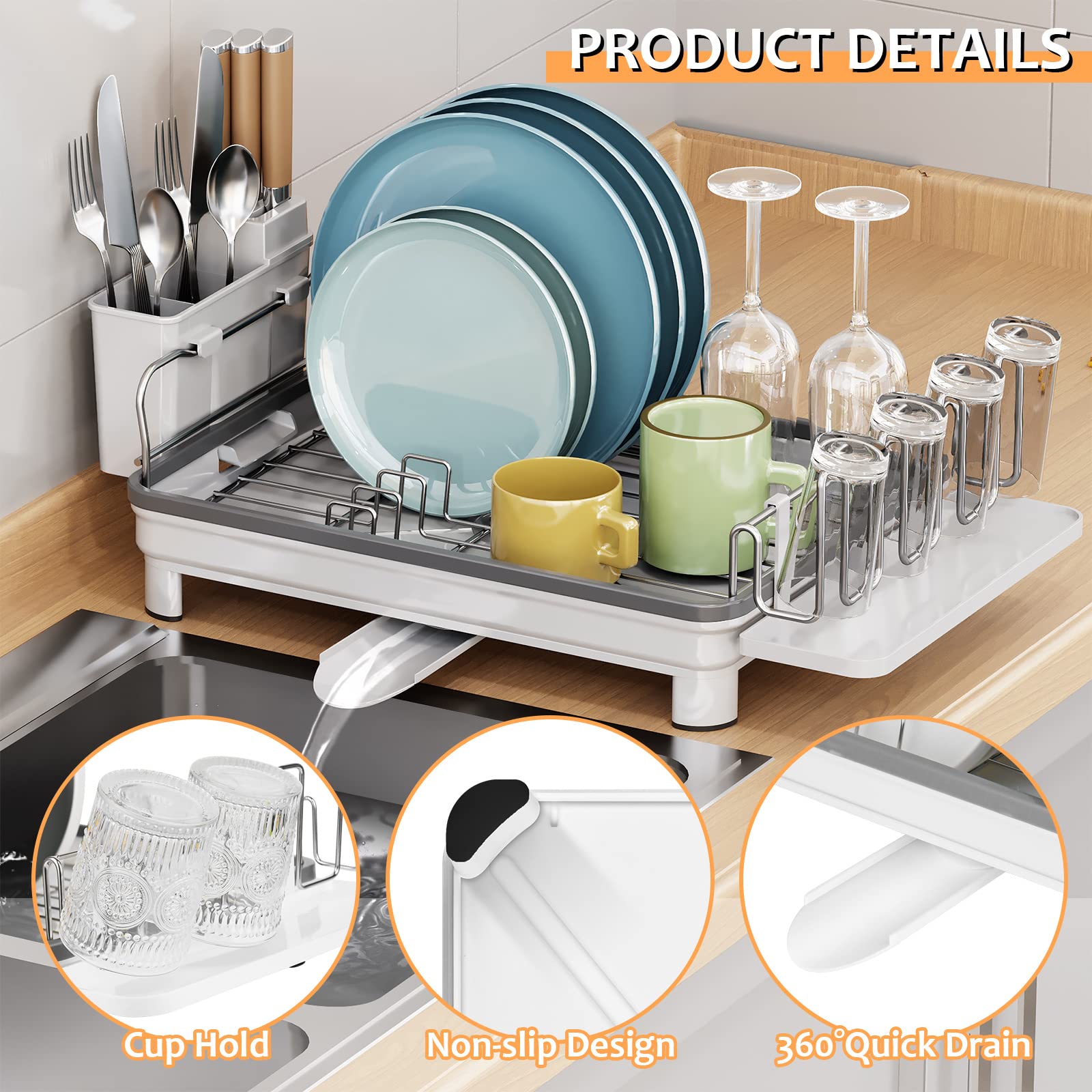 Claosmlda Dish Drying Rack, Dish Rack with Removable Utensil Holder, Multifunctional Stainless Steel Dish Racks for Kitchen Counter with Drainboard and Swivel Spout for Various Kitchenware(White)