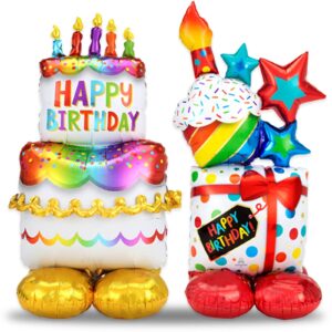 happy birthday balloon, 2 pcs standing happy birthday balloons 36 inch, thickened large happy birthday foil mylar balloon for birthday party baby shower decorations supplies (cake and box shape)