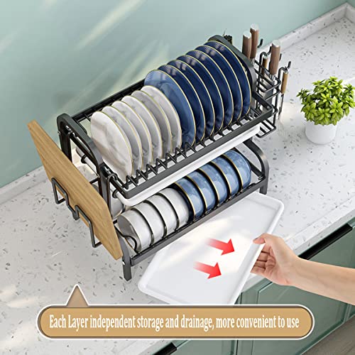 Hilengy Small Dish Drying Rack, 2-Tier Dishrack Compact Drainboard Set, Rust-Proof Drainer with Utensil Cutting Board Holder for Kitchen Organizations