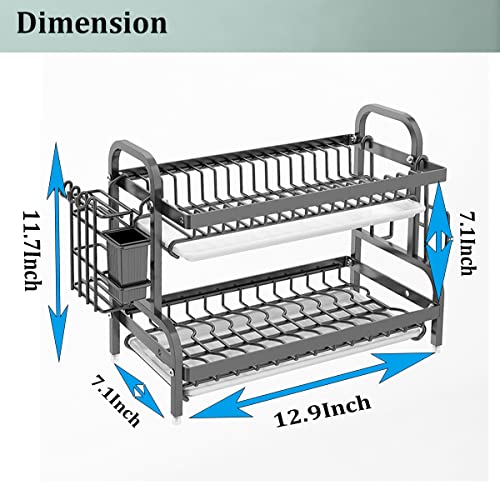 Hilengy Small Dish Drying Rack, 2-Tier Dishrack Compact Drainboard Set, Rust-Proof Drainer with Utensil Cutting Board Holder for Kitchen Organizations