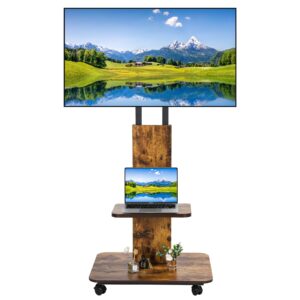 hellsehen wood rolling tv stand mobile tv cart with locking wheels for 32-65 inch lcd led oled flat panel screens with laptop shelf portable outdoor floor stand height adjustable for home office