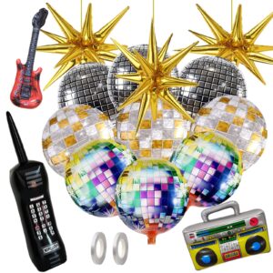 80s 90s party decorations, 15pcs disco ball balloons gold explosion star foil balloons inflatable boom box guitar mobile phone balloons for 80s 90s hip hop theme birthday party decor supplies