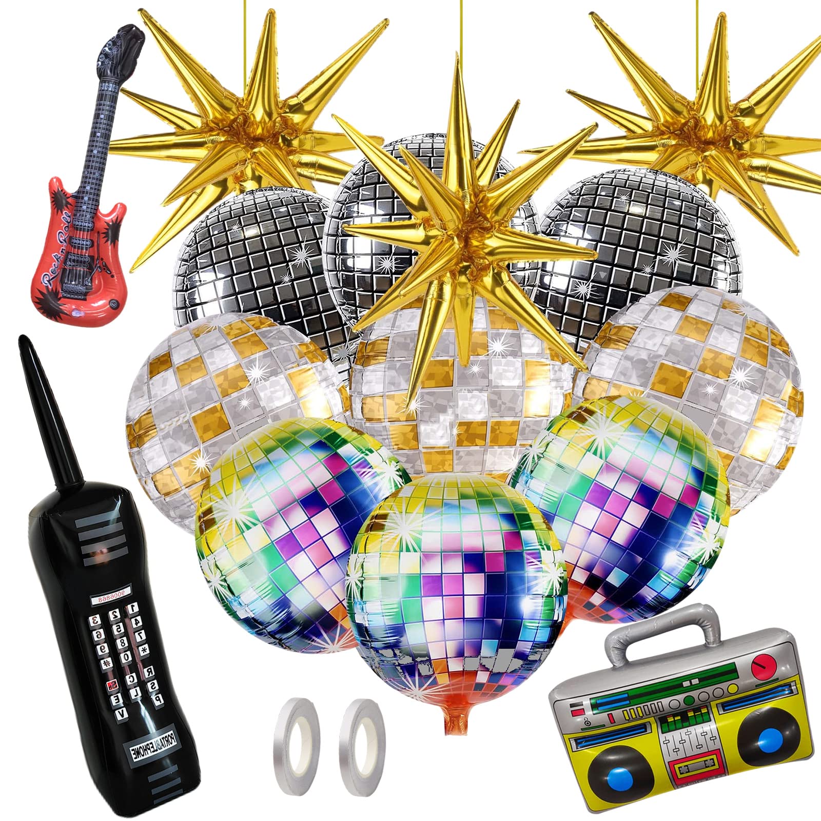 80s 90s Party Decorations, 15Pcs Disco Ball Balloons Gold Explosion Star Foil Balloons Inflatable Boom Box Guitar Mobile Phone Balloons for 80s 90s Hip Hop Theme Birthday Party Decor Supplies