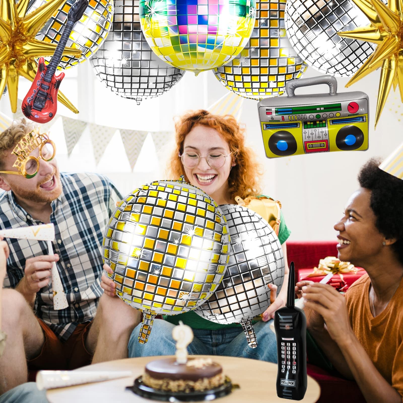 80s 90s Party Decorations, 15Pcs Disco Ball Balloons Gold Explosion Star Foil Balloons Inflatable Boom Box Guitar Mobile Phone Balloons for 80s 90s Hip Hop Theme Birthday Party Decor Supplies