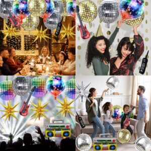 80s 90s Party Decorations, 15Pcs Disco Ball Balloons Gold Explosion Star Foil Balloons Inflatable Boom Box Guitar Mobile Phone Balloons for 80s 90s Hip Hop Theme Birthday Party Decor Supplies