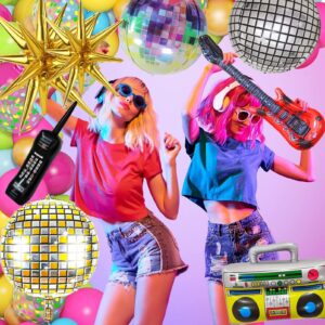 80s 90s Party Decorations, 15Pcs Disco Ball Balloons Gold Explosion Star Foil Balloons Inflatable Boom Box Guitar Mobile Phone Balloons for 80s 90s Hip Hop Theme Birthday Party Decor Supplies