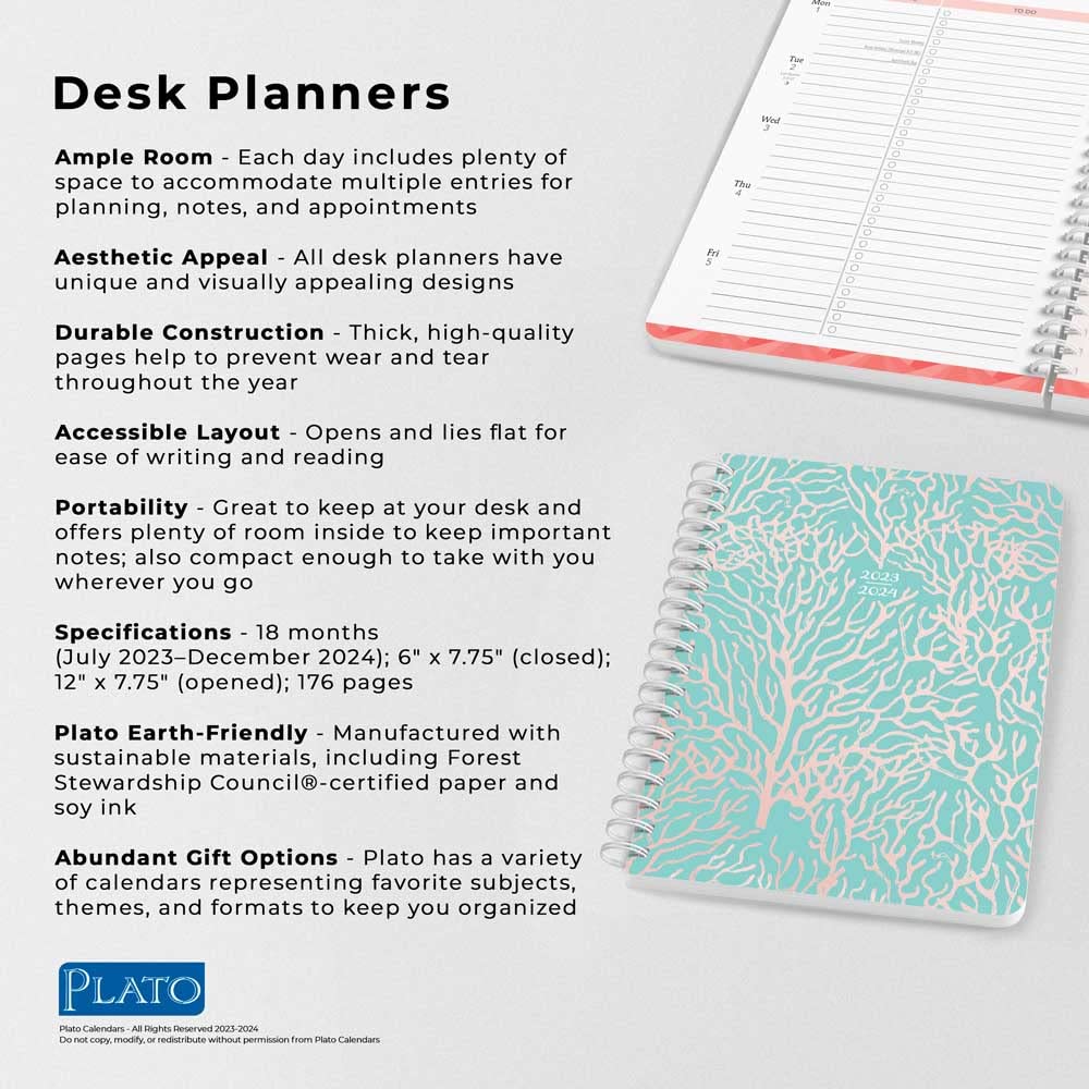 Seaside Currents | 2024 6 x 7.75 Inch 18 Months Weekly Desk Planner | Foil Stamped Cover | July 2023 - December 2024 | Plato | Planning Stationery