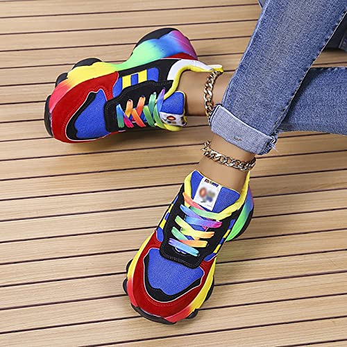 LSCOLO Rainbow Shoe Trainers for Women, Women's Platform Casual Sports Shoes，Running Trainers Lightweight Colourful Sports Shoes,39,Blue