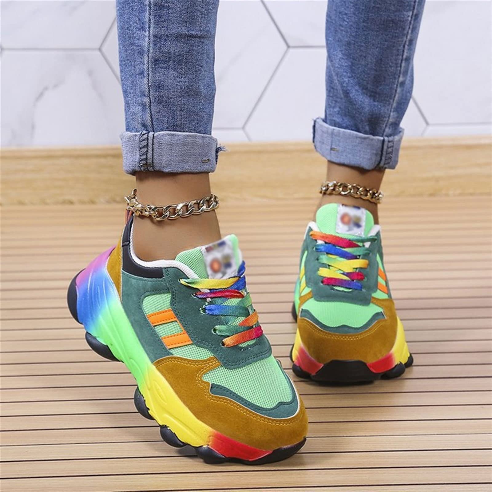 Rainbow Shoe Trainers for Women,Lightweight Colorful Outdoor Sports Shoes Street Fashion Thick Sole Running Sneakers (Color : Green, Size : 8.5)