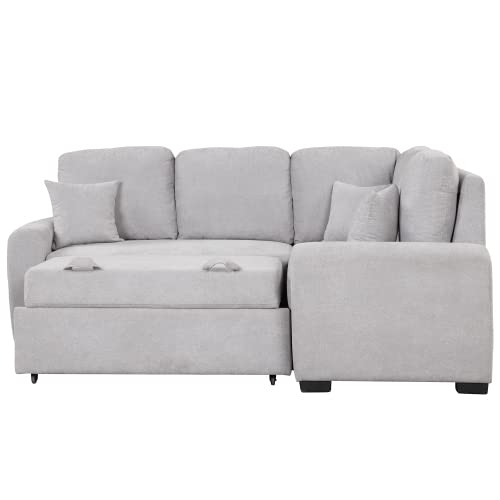 Aybihous3 76.7" Sectional Sleeper Sofa with USB Charging Port and Plug Outlet,Pull-Out Sofa Bed with 3 Pillows, L-Shape Chaise for Living Room Small Apartment (Grey)