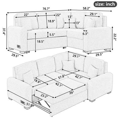 Aybihous3 76.7" Sectional Sleeper Sofa with USB Charging Port and Plug Outlet,Pull-Out Sofa Bed with 3 Pillows, L-Shape Chaise for Living Room Small Apartment (Grey)