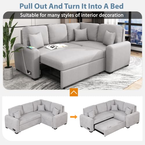 Aybihous3 76.7" Sectional Sleeper Sofa with USB Charging Port and Plug Outlet,Pull-Out Sofa Bed with 3 Pillows, L-Shape Chaise for Living Room Small Apartment (Grey)