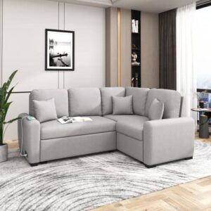 Aybihous3 76.7" Sectional Sleeper Sofa with USB Charging Port and Plug Outlet,Pull-Out Sofa Bed with 3 Pillows, L-Shape Chaise for Living Room Small Apartment (Grey)