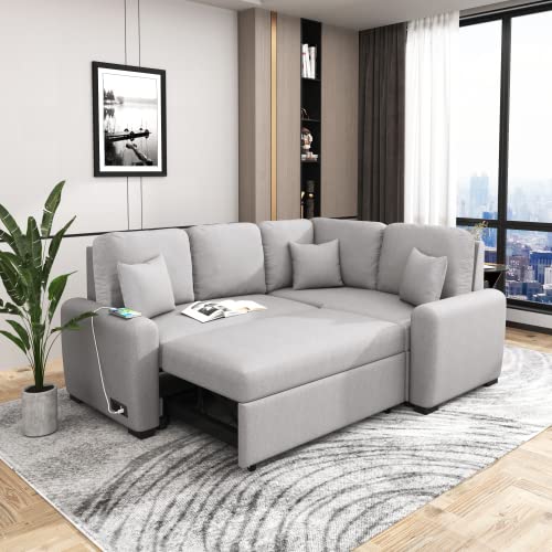 Aybihous3 76.7" Sectional Sleeper Sofa with USB Charging Port and Plug Outlet,Pull-Out Sofa Bed with 3 Pillows, L-Shape Chaise for Living Room Small Apartment (Grey)