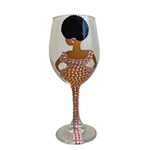 diva wine glass, large 20oz decorated wine glass, black woman drinking glass, gift favours, gift favors, unique birthday gift, brown girl with afro on wine glass (pink)