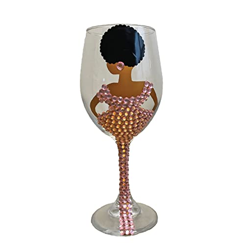 Diva Wine Glass, Large 20oz Decorated Wine Glass, Black Woman Drinking Glass, Gift Favours, Gift Favors, Unique Birthday Gift, Brown Girl with Afro on Wine Glass (Pink)