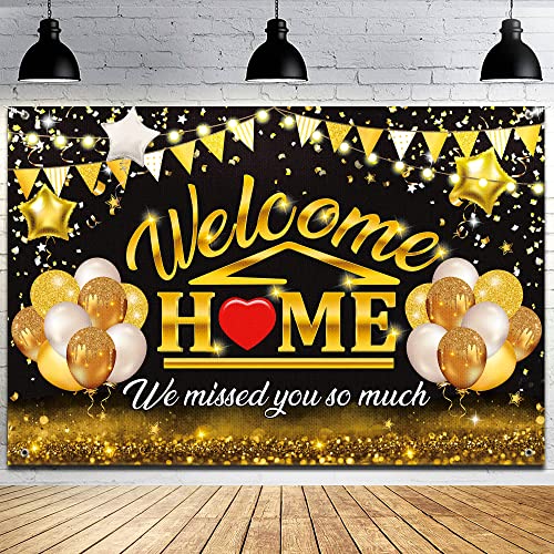 Welcome Back Backdrop Banner Home Decorations Black Gold Homecoming Welcome Party Decor We Missed You So Much,Background for Family Party Military Homecoming Returning Party Supplies