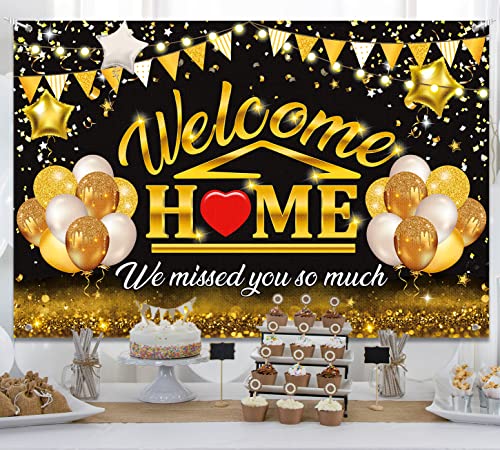 Welcome Back Backdrop Banner Home Decorations Black Gold Homecoming Welcome Party Decor We Missed You So Much,Background for Family Party Military Homecoming Returning Party Supplies