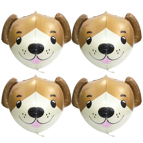 4D Animal Dog Head Shaped Balloons Pet Dog Balloons Doggy Party Supplies Puppy Birthday Decorations Baby Shower Balloon, 4 Pack 22'' Brown Cartoon Dog Aluminum Balloons Dog Head Mylar Foil Balloons