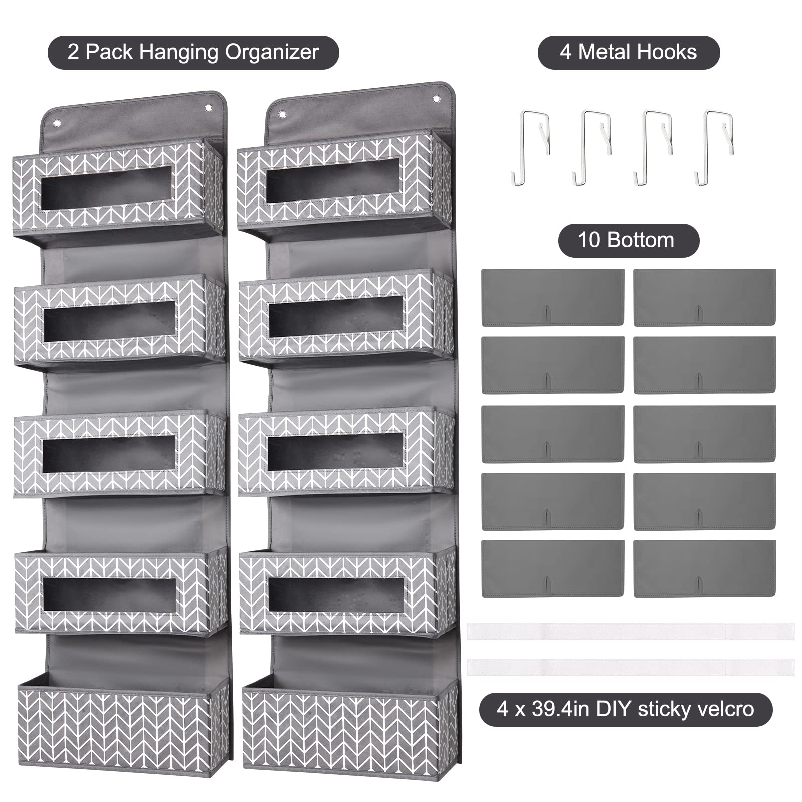 Mayniu 2 Pack Over the Door Organizer, Wall Mount Hanging Organizer Storage with 10 Large Capacity Pockets for Nursery, Closet, Toys, Diapers, and Sundries (Grey)