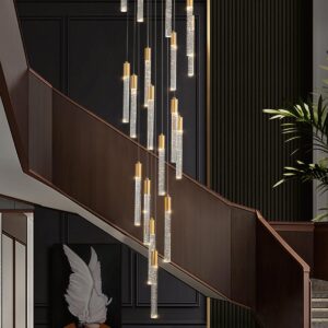 12 Lights 118" Modern High Ceiling Chandelier Crystal Gold Light Fixtures Dimmable Long Hanging Pendant Lighting Fixtures for Staircase Living Room Foyer Hallway Flush Mount Ceiling Light Polished