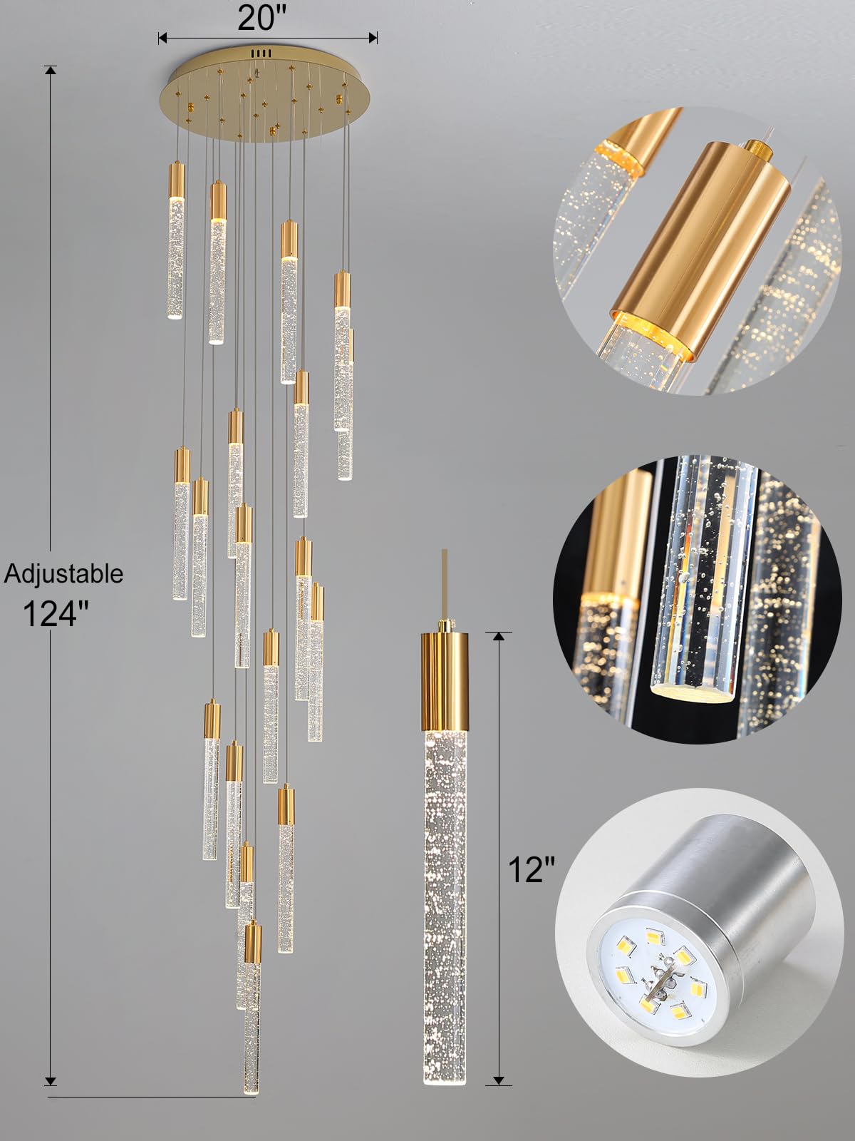 12 Lights 118" Modern High Ceiling Chandelier Crystal Gold Light Fixtures Dimmable Long Hanging Pendant Lighting Fixtures for Staircase Living Room Foyer Hallway Flush Mount Ceiling Light Polished