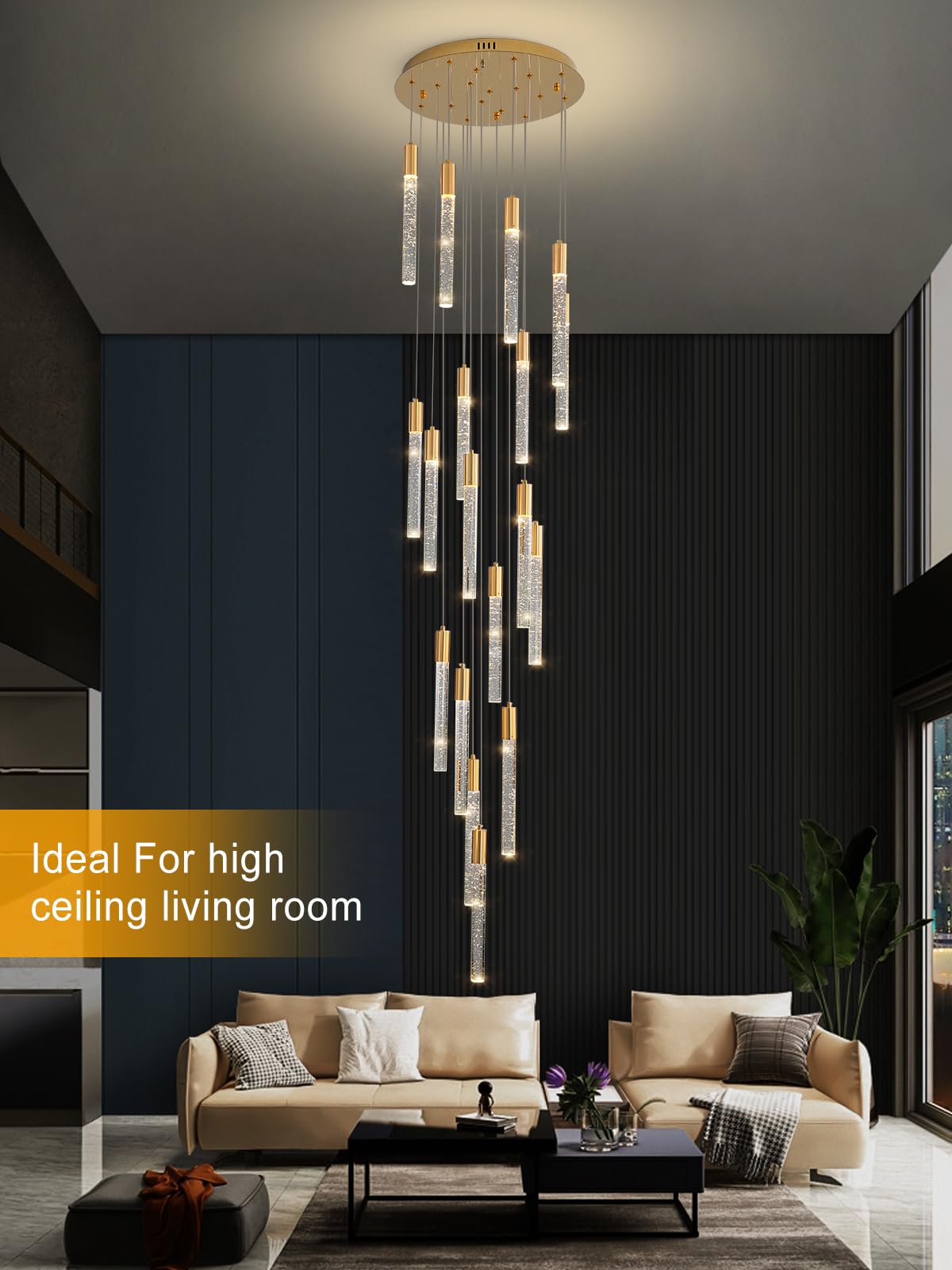 12 Lights 118" Modern High Ceiling Chandelier Crystal Gold Light Fixtures Dimmable Long Hanging Pendant Lighting Fixtures for Staircase Living Room Foyer Hallway Flush Mount Ceiling Light Polished