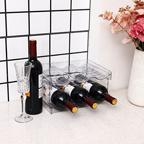 IEEK Plastic Stackable Bottle Storage Holder Rack,Free-Standing Water Bottle/Wine and Drink Organizer Shelf for Kitchen Cabinet,Fridge,Countertop,Pantry,Freezer,2 PackX3 Bottles,Clear