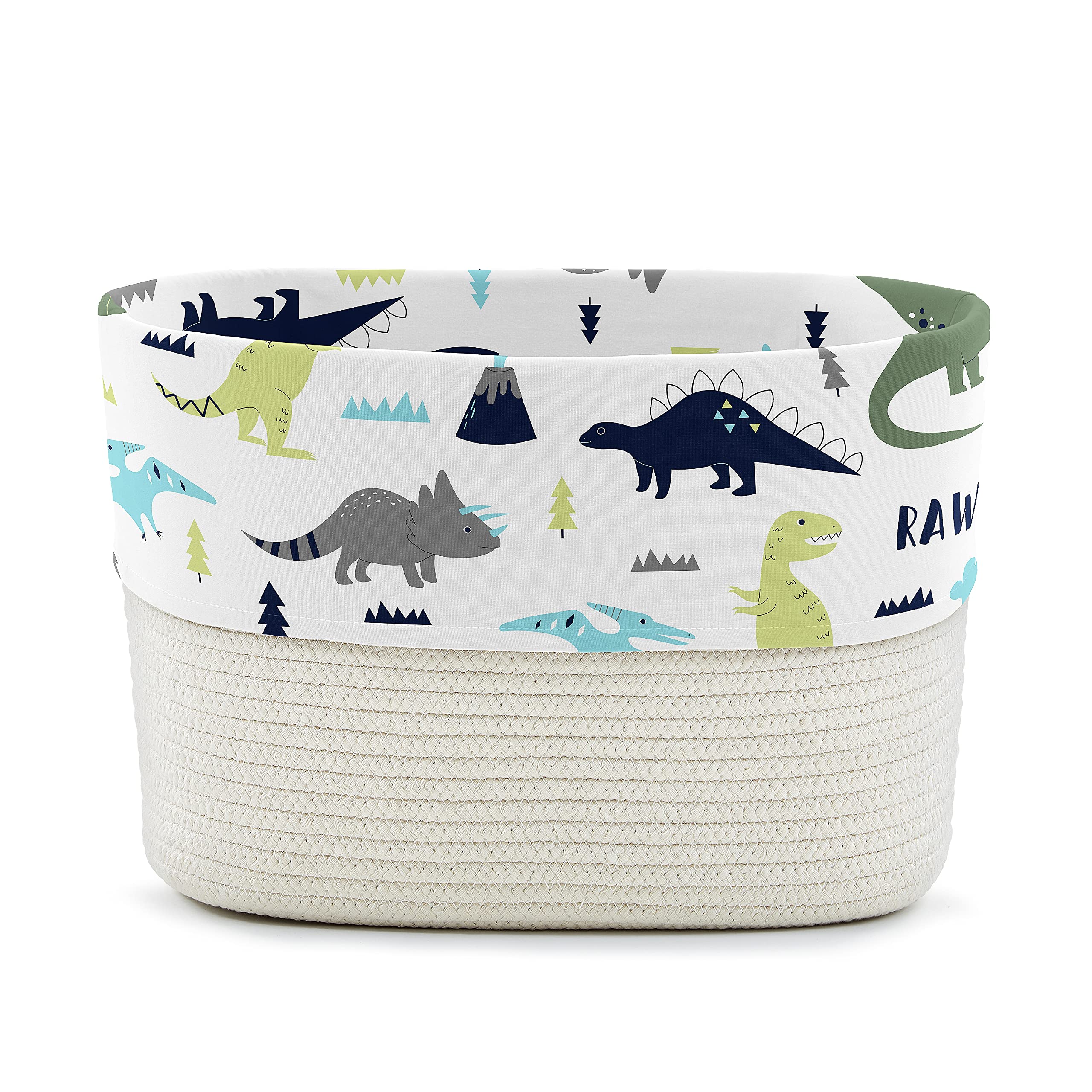 Sweet Jojo Designs Blue Green Modern Dinosaur Boy Woven Storage Basket Decorative Cotton Rope Lined Bin Baby Nursery Kids Bedroom Toy Closet Shelf Organizer Turquoise Mod Dino Boho Bohemian Grey White