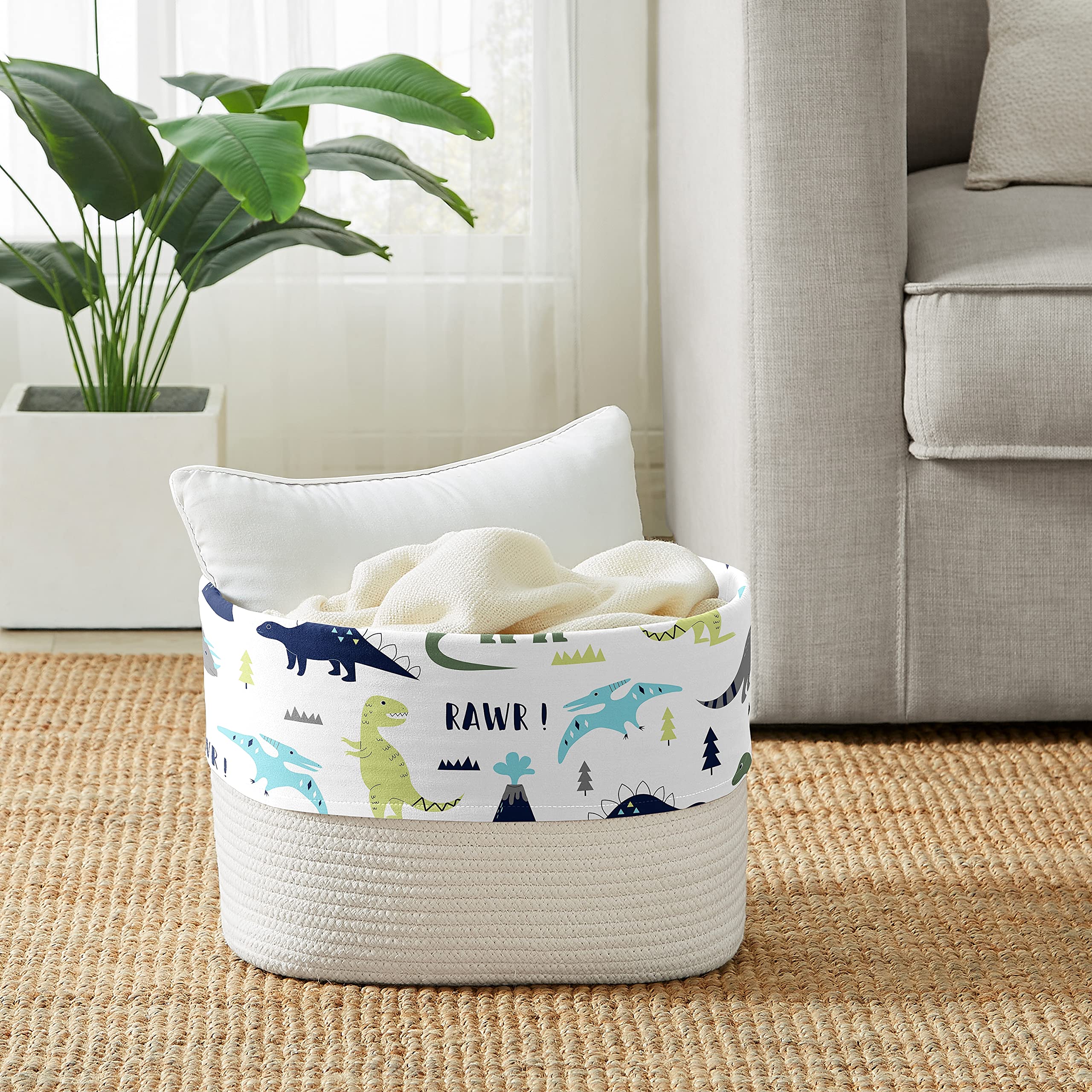 Sweet Jojo Designs Blue Green Modern Dinosaur Boy Woven Storage Basket Decorative Cotton Rope Lined Bin Baby Nursery Kids Bedroom Toy Closet Shelf Organizer Turquoise Mod Dino Boho Bohemian Grey White