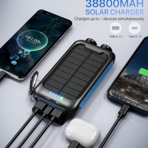 Nuynix Solar Charger Power Bank, 38800mAh Portable Phone Charger with 1 Type C & 2 USB Ports Built-in Dual LED Flashlight, 15W Fast Charging Waterproof Solar Panel Charger for iPhone, iPad, Samsung