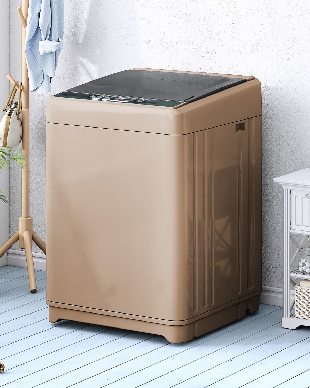 TABU Full-Automatic Washing Machine, 17.6lbs Portable Washing Machine with Dryer, 1.7 Cu Ft 2 in 1 Portable Washer with Drain Pump, 10 Wash Programs, LED Display, 8 Water Levels (Brown)