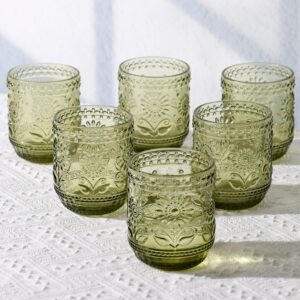 airsky set of 6 olive green vintage drinking glassware- 12oz green glass drinking cups, thick farmhouse drinking glasses, embossed kitchen glassware for soda lemonade cocktail wine, dishwasher safe