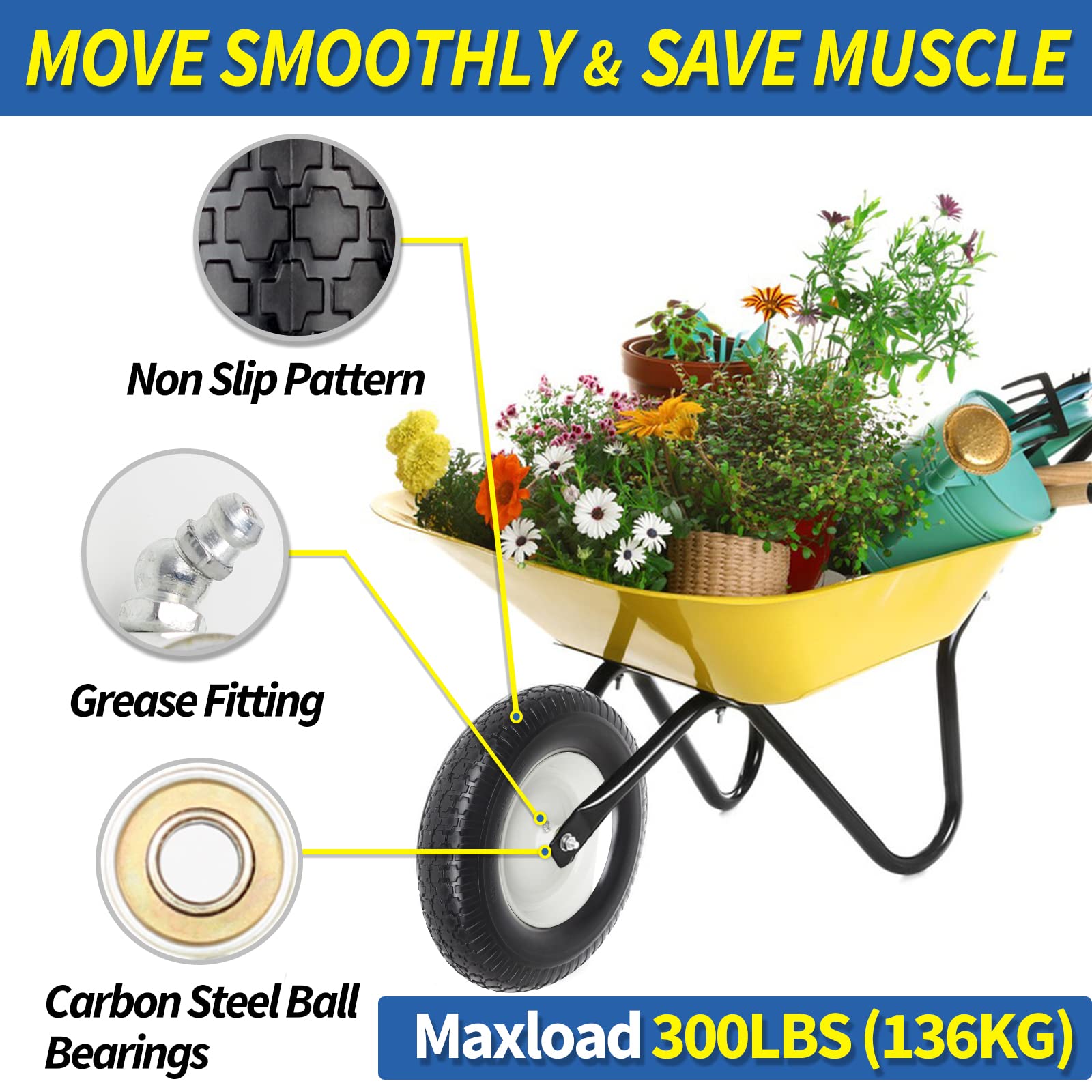 GICOOL 4.80/4.00-8" Wheelbarrow Tire, 16" Flat-Free Solid Tire and Wheel, 3-6" Centered Hub, 5/8" & 3/4" Bearing, For Broadcast Spreader Garden Wagon Cart Trolley Dolly Lawn Mover (1 Pack)