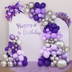 purple and silver balloons garland kit 135pcs lavender arch balloons,dark confetti metallic macaron purple butterfly balloons,for wedding birthday baby shower graduation party decorations supplies
